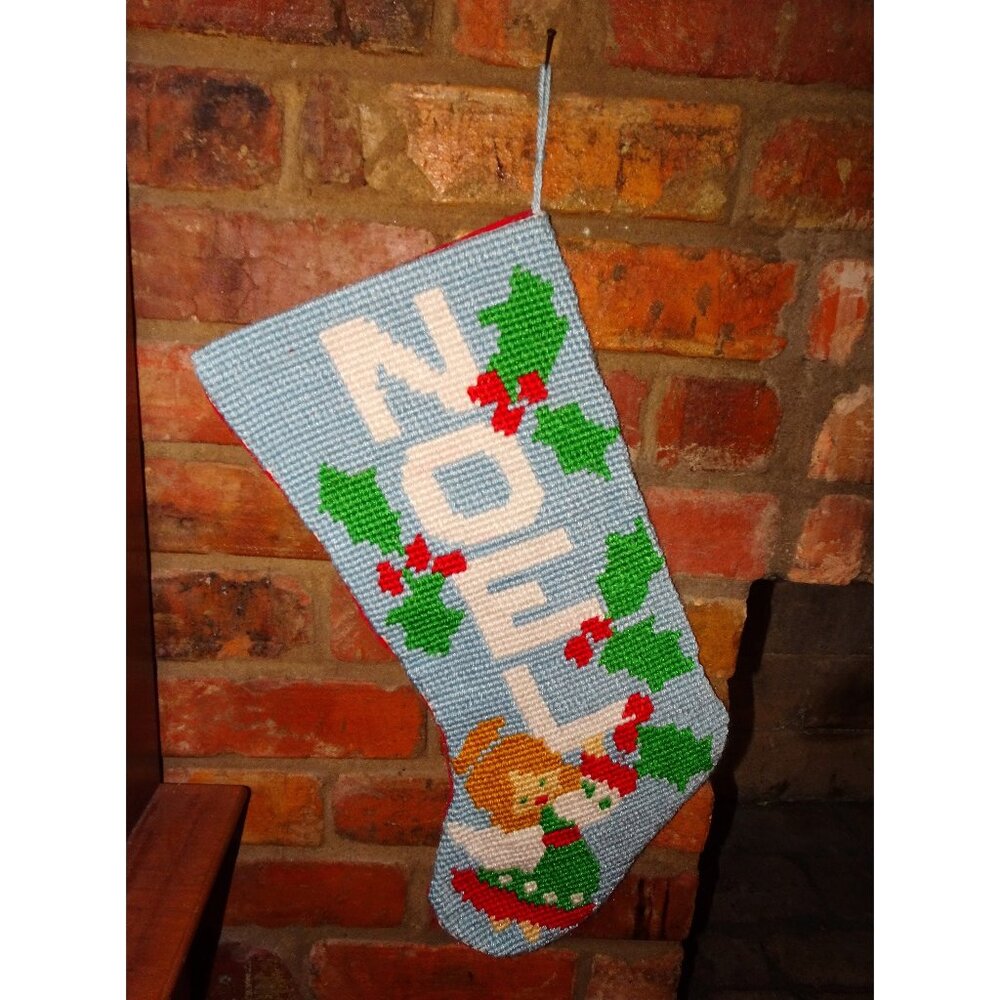 Vintage Handmade Needlepoint Noel Christmas Stocking holly hand crafted retro